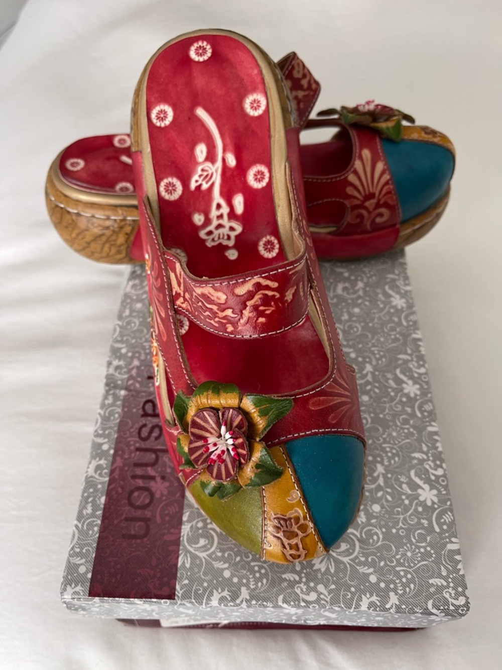Handcrafted Red Multi-Color Leather Mary Jane Clogs